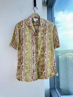 Vintage TESS 100% Silk Short -Sleeve Button Up Blouse Olive Green Paisley S
